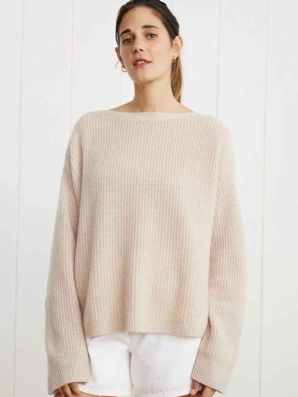 Jenni Kayne Cream Ribbed Boatneck Sweater, Small